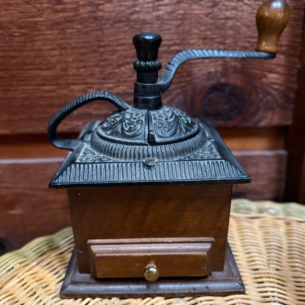 Vintage Wooden Coffee Grinder with Black Metal Handle